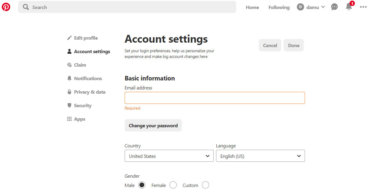 2. Account settings