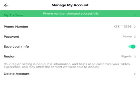 Successfully changed the phone number on TikTok App