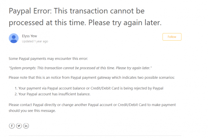 PayPal Transaction Cannot Be Completed